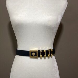 90s Vintage Gianni Versace leather belt w/ Medusa and gold paper clips